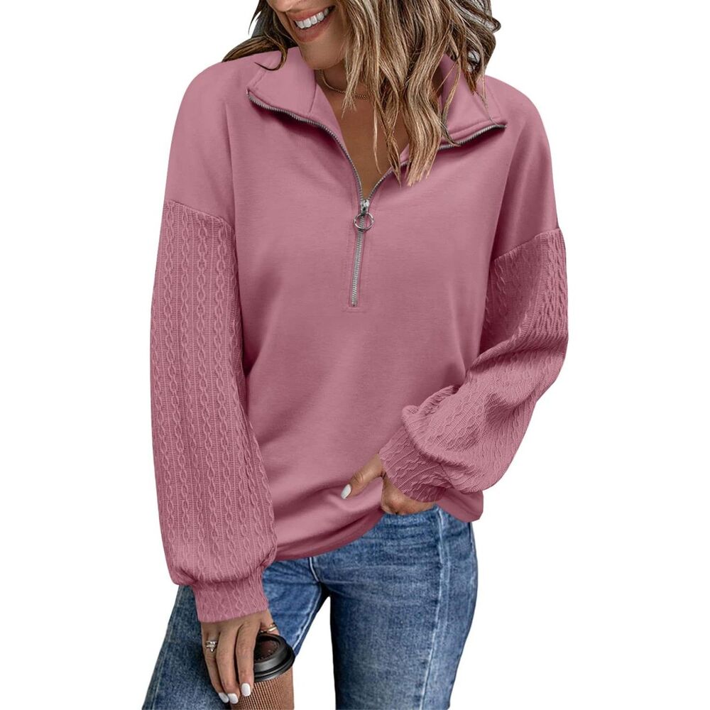 Quarter Zip Pullover Long Sleeve Lapel Collar Loose Sweatshirt Sz S